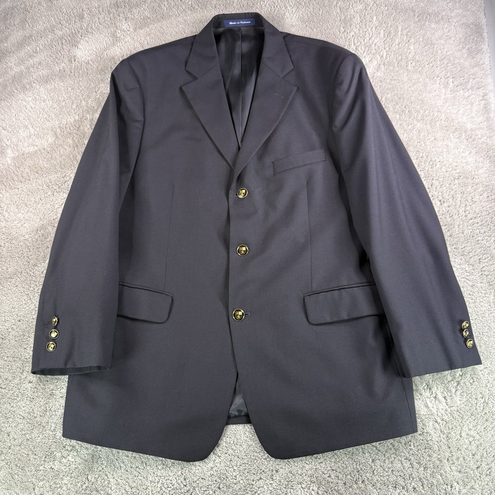 Alan Flusser Super 100s Mens Vtg 42R Navy Wool Blazer Sport Coat Crest Buttons